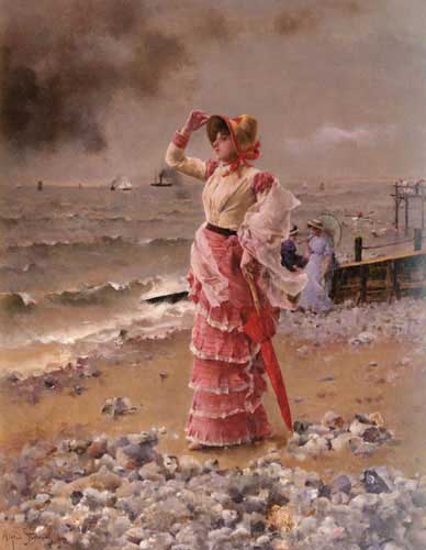 Painting Code#1076-Stevens, Alfred(Belgium): Femme Elegante Voyant Filer Un Vapeur
