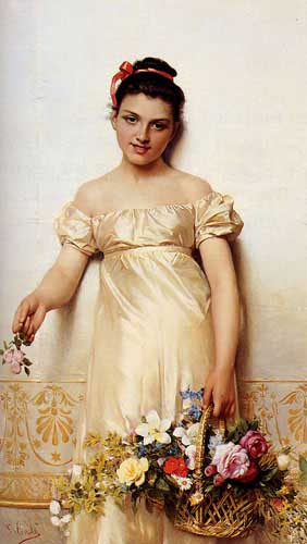Painting Code#1093-Costa, Giovanni(Italy): A Young Lady Holding A Basket Of Flowers