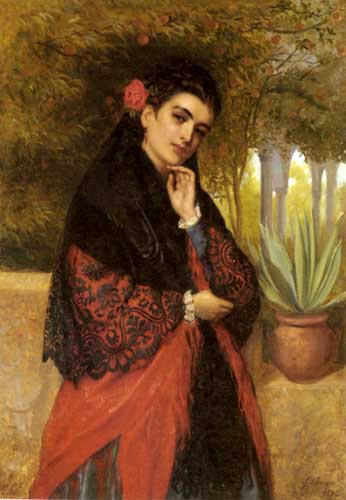 Painting Code#11074-Burgess, John Bagnold: A Spanish Beauty In A Red And Black Lace Shawl