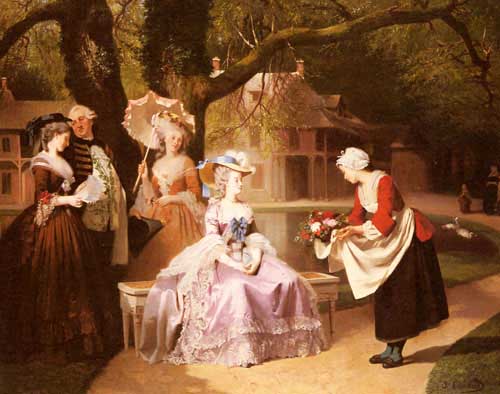 Painting Code#11083-Caraud, Joseph(France): Marie Antoinette and Louis XVI in the Garden of the Tuileries with Madame Lambale