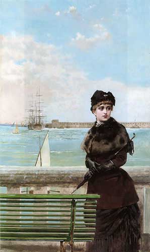 Painting Code#11103-Corcos, Vittorio(Italy): An elegant Woman at St. Malo