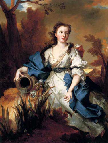 Painting Code#1112-Largilliere, Nicolas De: Portrait of Marianne de Mahony, full-length, in a blue and white dress, as a water nymph
