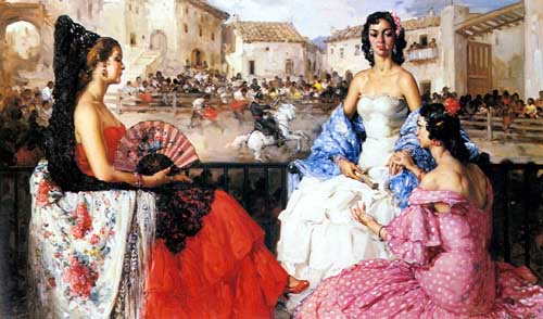 Painting Code#11129-Clement, Francisco Rodriguez San(Spain): Elegant Women Watching a Bull Fight