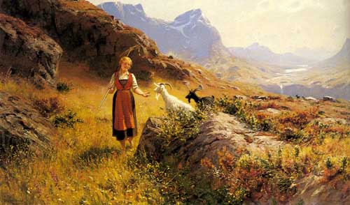 Painting Code#11189-Dahl, Hans(Norway): An Alpine Landscape With A Shepherdess And Goals 