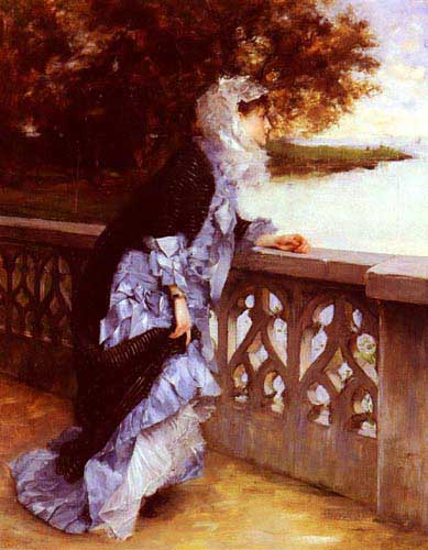 Painting Code#11222-Delance, Paul-Louis(France): Elegant Lady Leaning Against a Balustrade