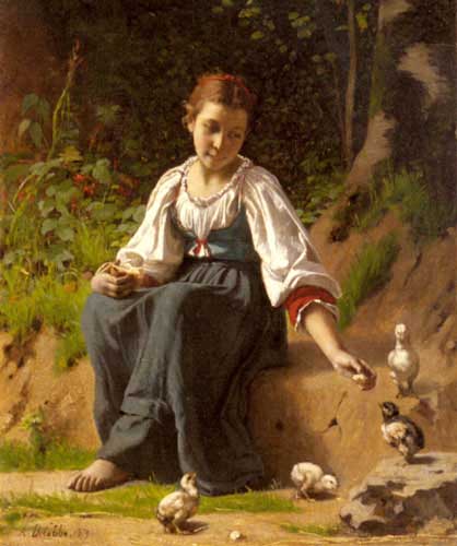 Painting Code#11225-Delobbe, Francois Alfred(France): A Young Girl feeding Baby Chicks