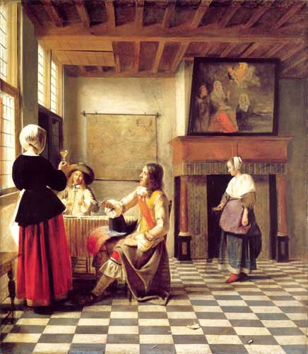 Painting Code#11305-Hooch, Pieter de(Holland): A Woman Drinking with Two Men and a Serving Woman