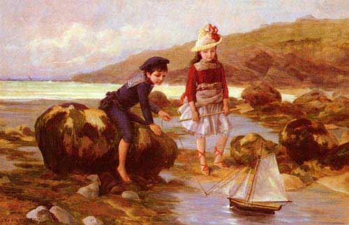Painting Code#11343-Escudier, Charles Jean Auguste(France): Enfants Pechant