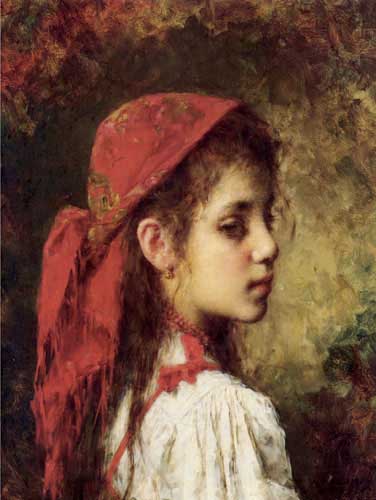 Painting Code#11363-Harlamoff, Alexei Alexeivich(Russia): Portrait of a Young Girl in a Red Kerchief
