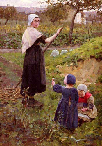 Painting Code#11422-Jameson, Middleton(UK): A Mother With Her Daughters In The Kitchen Garden