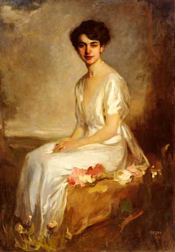 Painting Code#11443-Halmi, Artur Lajos(Hungary): Portrait of an Elegant Young Woman in a White Dress