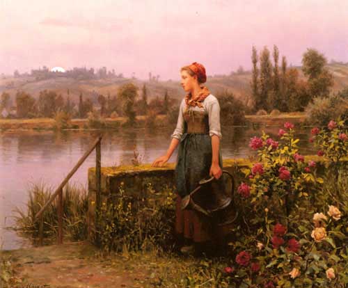 Painting Code#11474-Knight, Daniel Ridgway(USA): A Woman with a Watering Can by the River