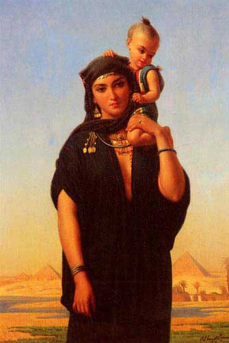 Painting Code#11487-Lecomte-Vernet, Charles Emile Hippolyte(France): Fellah Woman Carrying Her Child (Egypt).