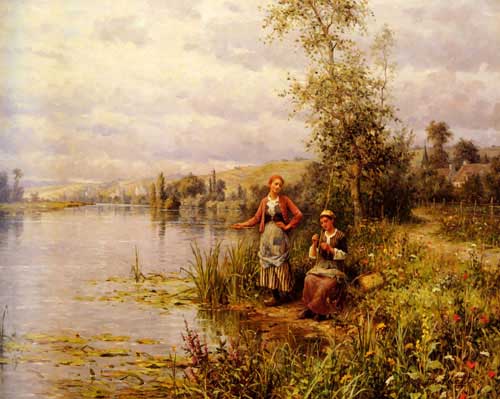 Painting Code#11490-Knight, Daniel Ridgway(USA): Country Women Fishing on a Summer Afternoon