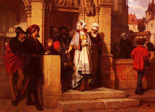 Painting Code#11494-Koller, Wilhelm(Austria): Faust and Mephistopheles Waiting for Gretchen at the Cathedral Door