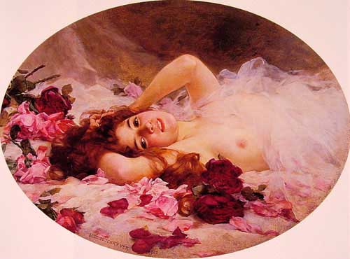 Painting Code#11538-Schryver, Louis Marie de(France): Beauty Amid Rose Petals 
