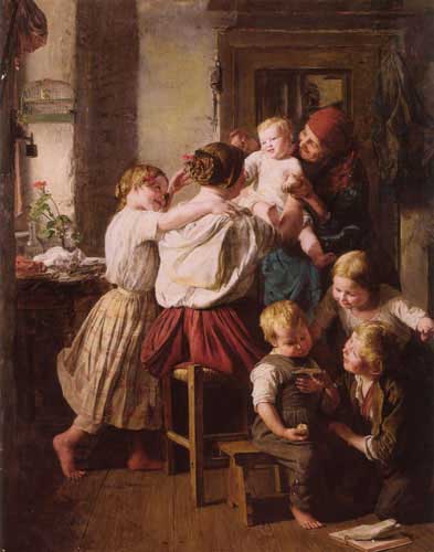 Painting Code#11542-Waldmuller, Ferdinand Georgf(Austria): Children Making Their Grandmother a Present on Her Name Day