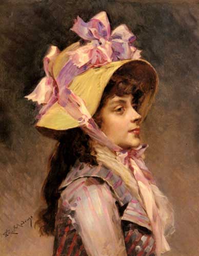 Painting Code#11566-Madrazo y Garreta, Raimundo de(Spain): Portrait Of A Lady In Pink Ribbons