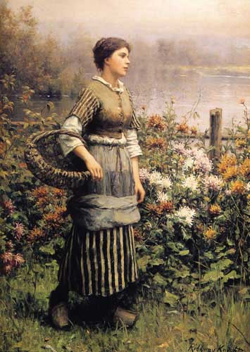 Painting Code#11619-Knight, Daniel Ridgway(USA): Maid Among the Flowers