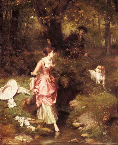 Painting Code#11637-Metzmacher, Emile Pierre(France): A Young Beauty Crossing a Brook with a Hunter Beyond