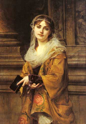 Painting Code#11658-Muller, Charles Louis Lucien(France): A Young Woman Outside a Church