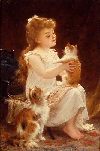 Painting Code#11671-Munier, Emile(France): Playing with the Kitten