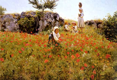 Painting Code#11713-Pedersen, Viggo Christian Frederick(Denmark): Picking Poppies, Sora