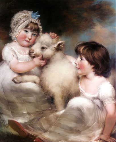 Painting Code#11794-Russell, John(UK): Portrait of Miss E. and Miss L. Earle with a Lamb