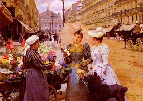 Painting Code#11816-Schryver, Louis Marie de(France): Flower Seller, Avenue De L&#039;Opera