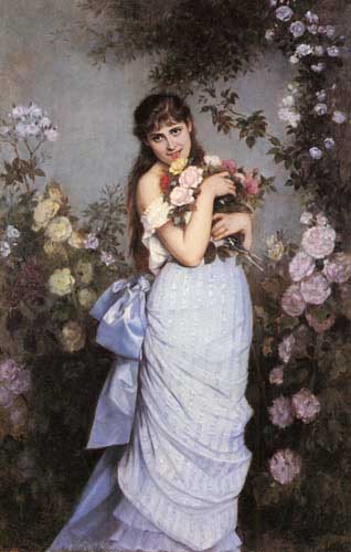 Painting Code#11882-Toulmouche, Auguste(France): A Young Woman in a Rose Garden