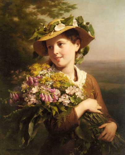 Painting Code#11954-Zuber-Buhler, Fritz(Switzerland): A Young Beauty holding a Bouquet of Flowers