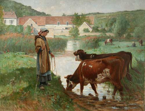 Painting Code#12002-Moreau, Adrien(France): Paysanne aux vaches a la mare