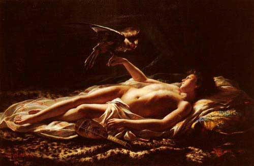 Painting Code#12229-Detanger, Germain(France): Male Nude with Falcon