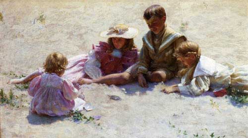 Painting Code#12419-Curran, Charles Courtney - Children by the Seashore