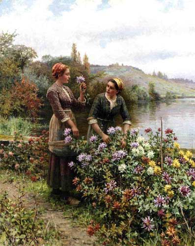 Painting Code#12475-Knight, Daniel Ridgway(USA) - Peasant Girls in Flower Garden