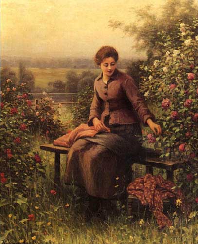 Painting Code#12476-Knight, Daniel Ridgway(USA) - Seated Girl with Flowers
