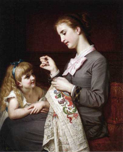 Painting Code#12485-Hugues Merle - The Embroidery Lesson