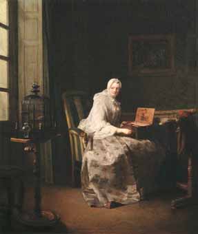 Painting Code#1360-Chardin, Jean Baptiste Simeon: Lady with a Bird-Organ
