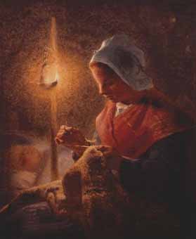 Painting Code#1386-Millet, Jean-Francois: Woman Sewing by Lamplight