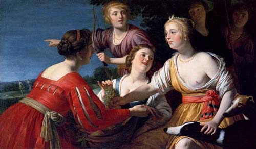 Painting Code#1408-Honthorst, Gerrit van(Netherlands): Diana Resting After The Hunt, With Shepherdesses And Two Greyhounds