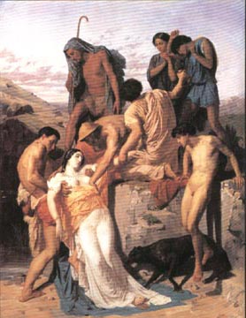Painting Code#1433-Bouguereau, William(France): Zenobia Found by Shepherds on the Banks of the Araxes