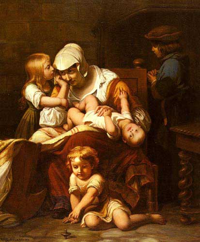 Painting Code#15005-Delaroche, Paul (France): Young Mother and Her Children