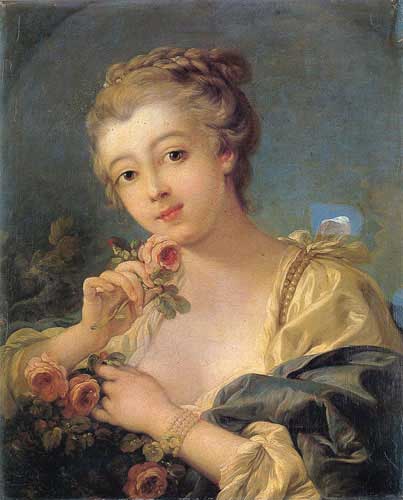 Painting Code#15034-Boucher, Francois(France): Young Woman with a Bouquet of Roses