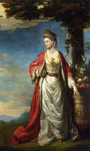 Painting Code#15135-Sir Joshua Reynolds - Mrs. Trecothick in Turkish Masquerade Dress, Beside and Urn of Flower in a Landscape