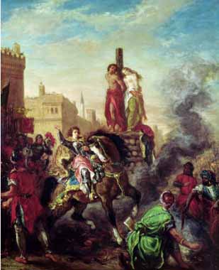 Painting Code#15399-Delacroix, Eugene - Olinda and Sophronia on the Pyre, from Gerusalemme Liberata by Torquato Tasso