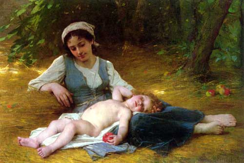 Painting Code#1572-Perrault, Leon Bazile(France): Young mother and sleeping child