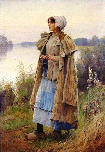 Painting Code#1722-Charles Sprague Pearce - Knitting in the Fields