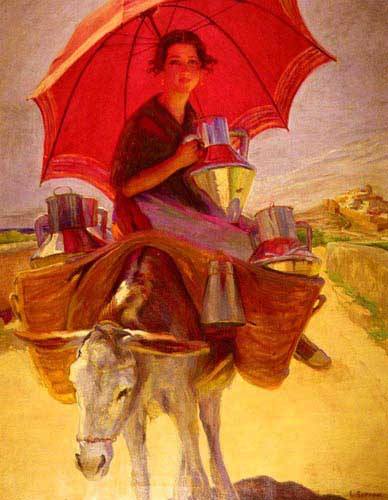 Painting Code#1890-Barrau, Laureano(Spain): The Red Parasol
