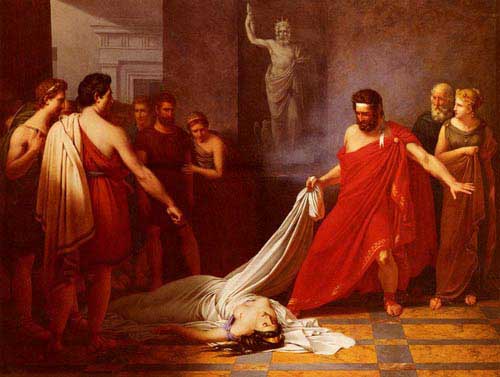 Painting Code#1920-Berghe, Charles Auguste van den(Belgium): Egisthe, Believing he has Found the Body of Orestes, to his Surprise Finds Clytemnestra