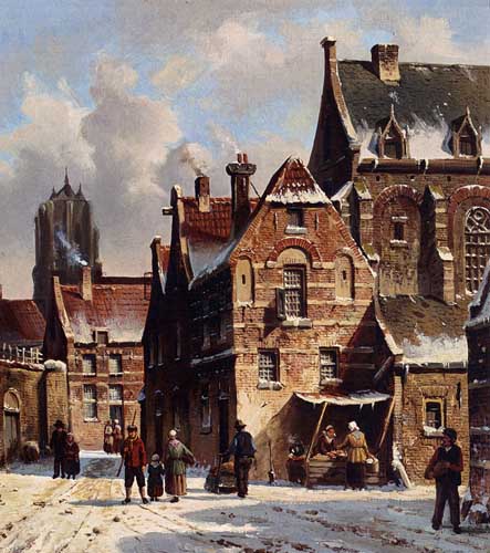 Painting Code#20052-Eversen, Adrianus(Netherlands): Figures In The Streets Of A Wintry Town